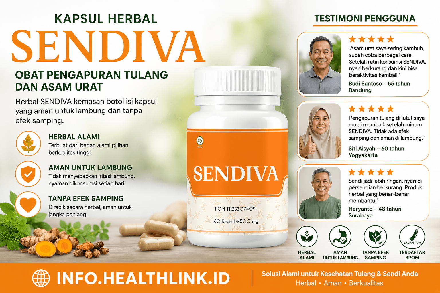 Herbal SENDIVA kemasan botol isi kapsul yang aman untuk lambung dan tanpa efek samping.
